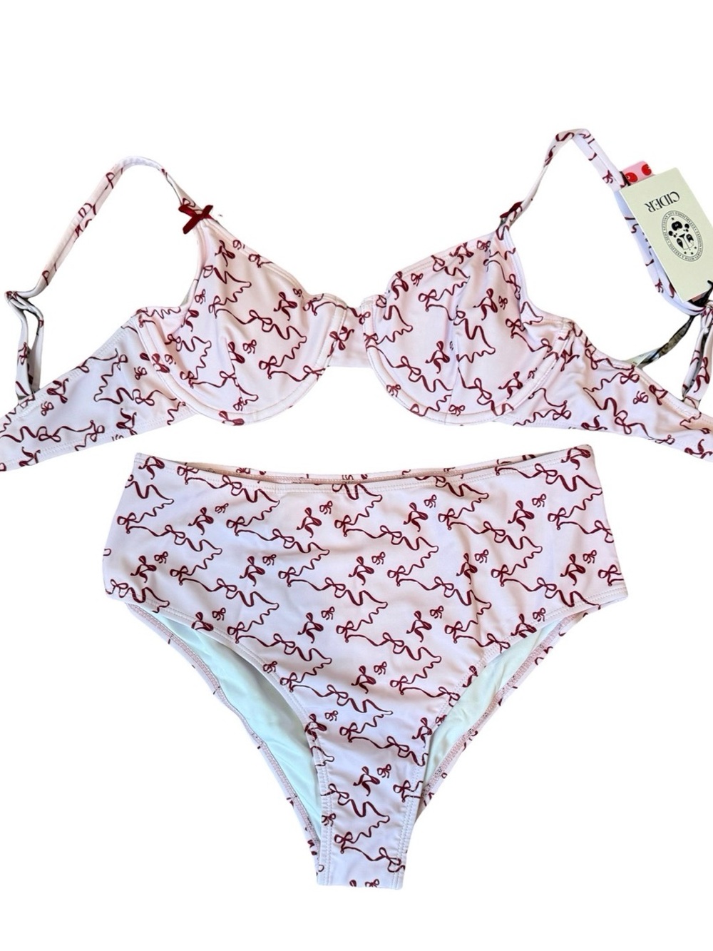 Cider Light Pink Bikini Set with Red Ribbon Print size 0XL NWT